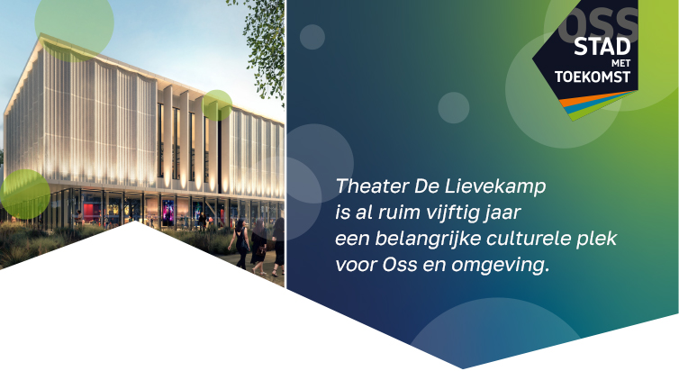 Afbeelding met links een foto van de voorzijde van het nieuwe theater en rechts het logo van stad met toekomst en de tekst 'Theater De Lievekamp is al ruim vijftig jaar een belangrijke culturele plek voor Oss en omgeving.'